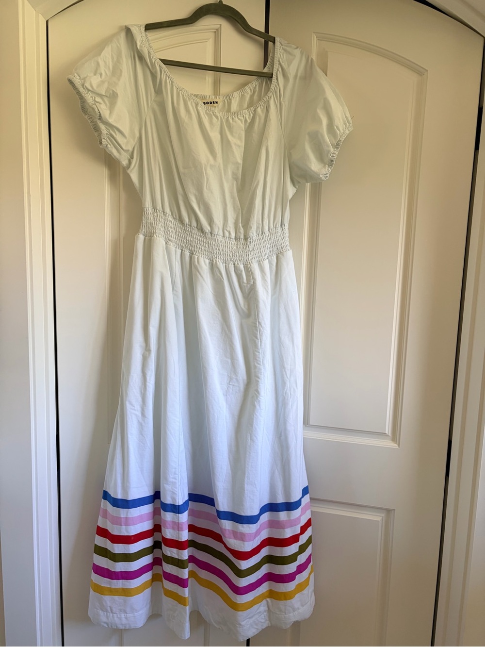 Boden White Midi Dress with Multicolor Stripe Hem